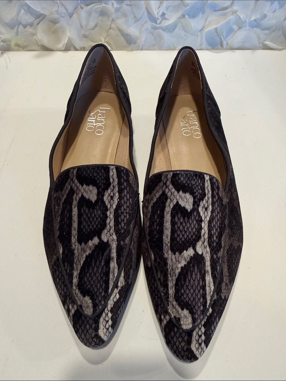 Franco Sarto Pointed Snake-Print Slip-On Flats - Black & Gray